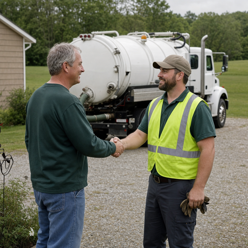 A septic technician shaking a Compton homeowner's hand beside the service truck after a completed pump-out
