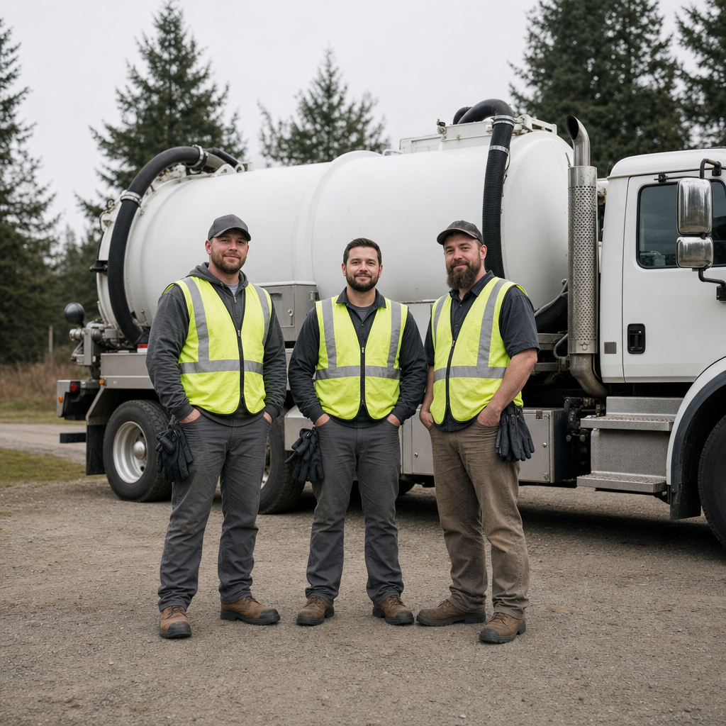 The Compton septic pumping crew standing together beside their clean white vacuum truck on a residential street