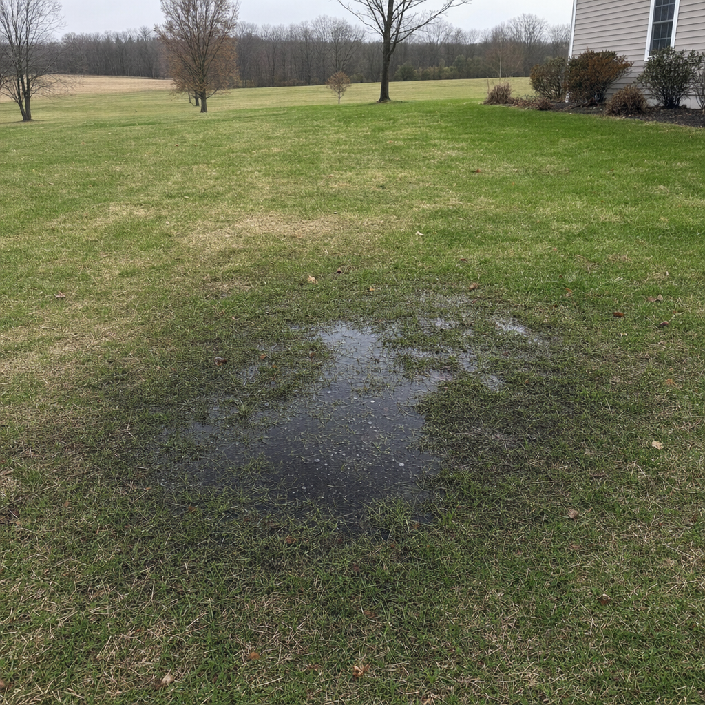 A dark, saturated wet spot in a Compton backyard lawn marking a failing cesspool at capacity