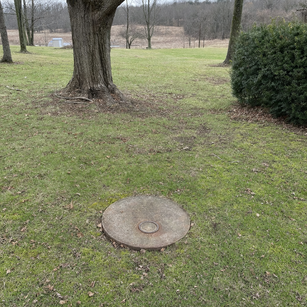 An older round cesspool access lid set flush in an established, mature Compton backyard lawn