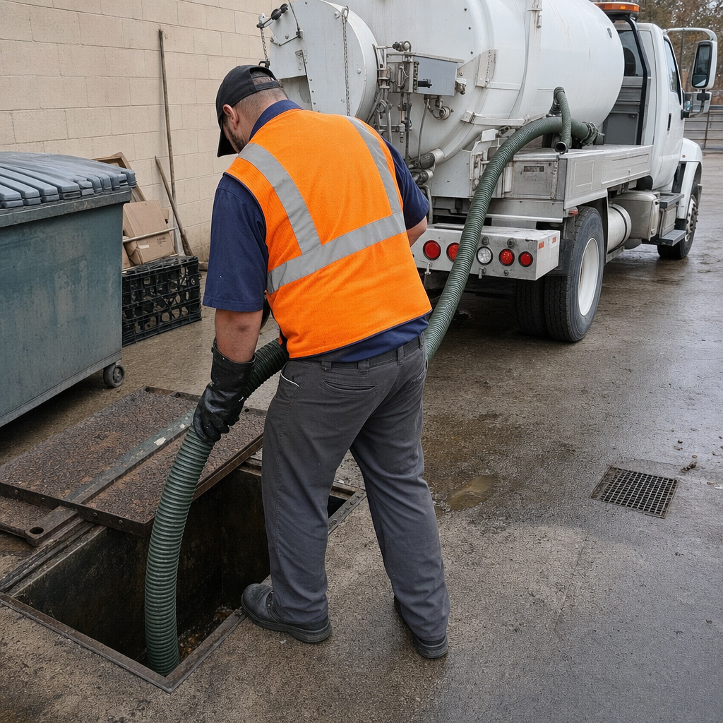 Technician pumping a grease trap behind a Compton restaurant