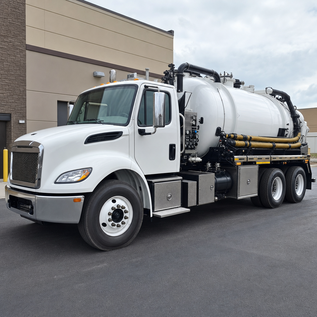 Commercial septic vacuum truck parked in a Compton business parking lot
