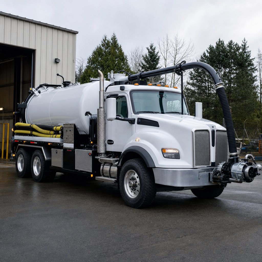 A clean white septic vacuum truck rolling out of a tidy Compton service depot at the start of the day