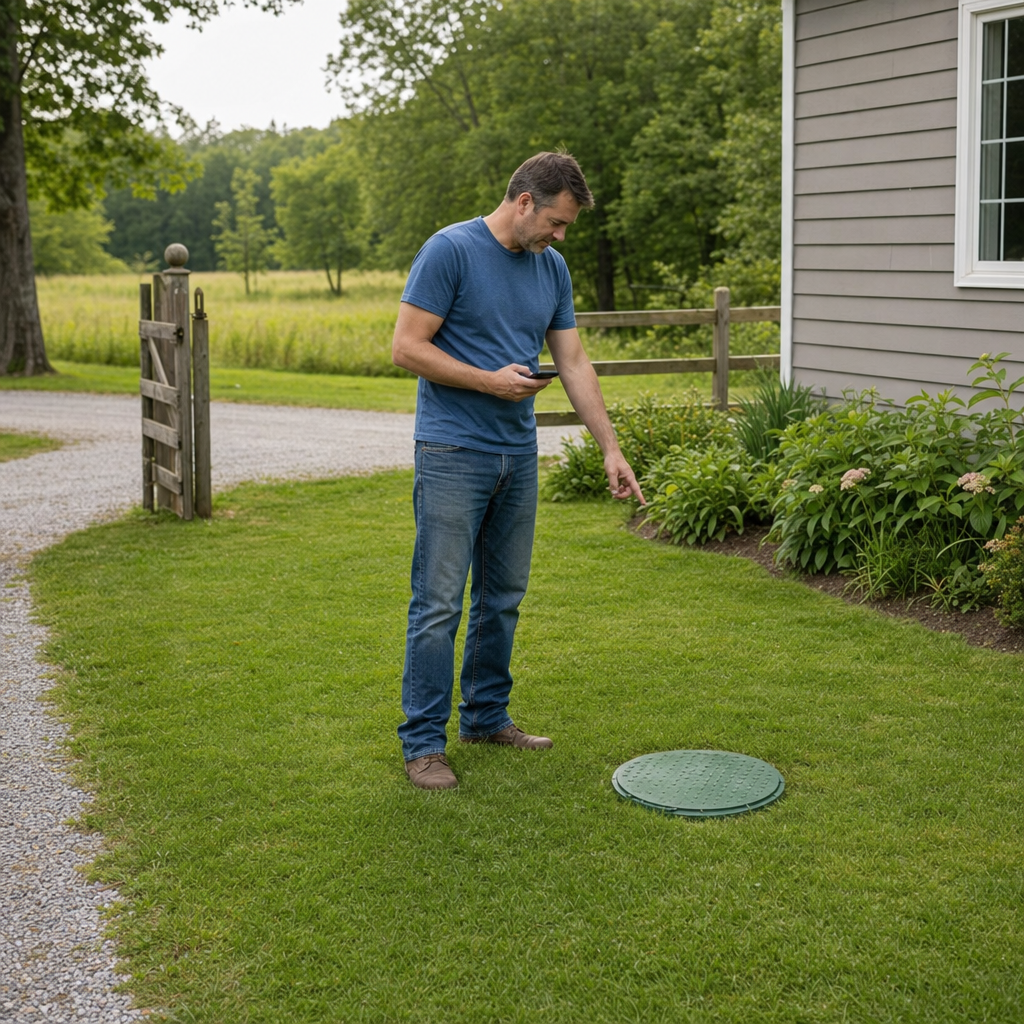 A Compton-area homeowner standing in the backyard noting where the septic tank lid and access route are located