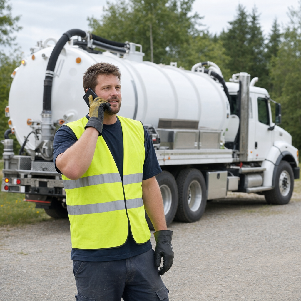 A friendly septic dispatcher holding a phone, ready to answer a Compton homeowner's call about a pump-out