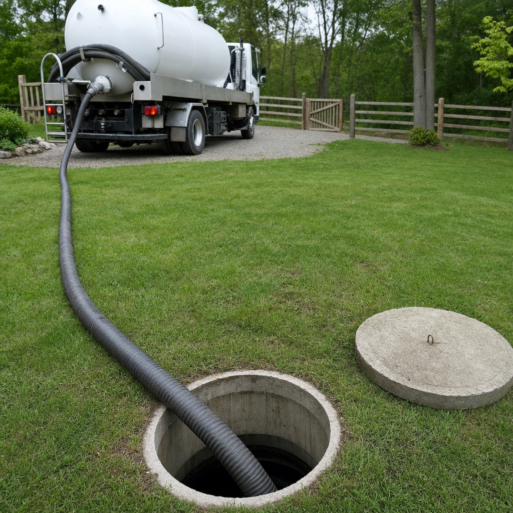 Suction hose connected to an open septic tank, drawing it down in a tidy Compton yard