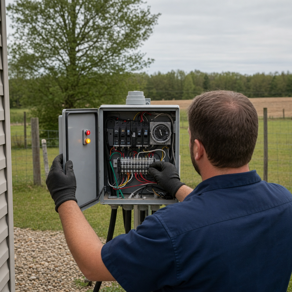 Technician checking an aerobic septic control box with a lit red high-water alarm during a same-day Compton visit