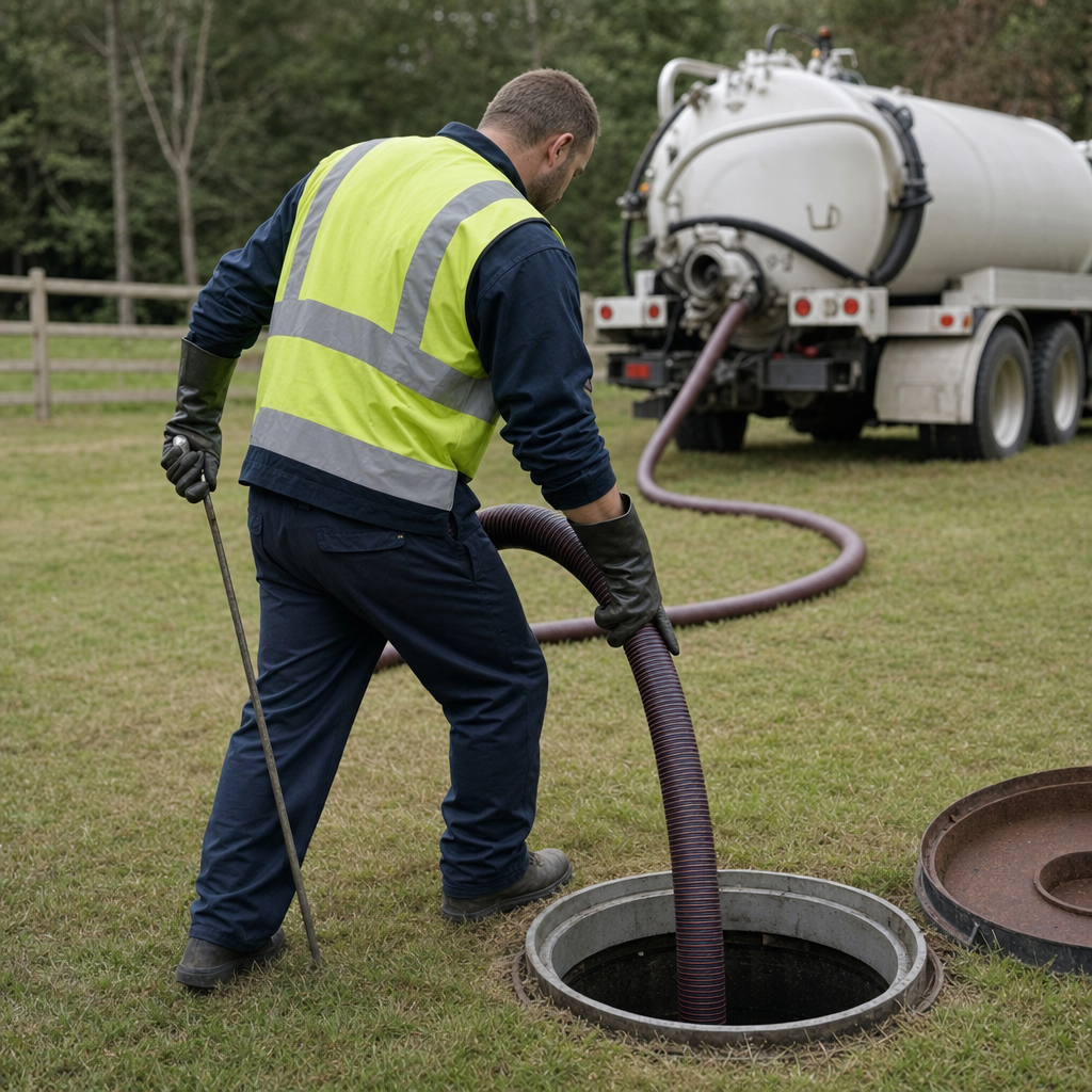 A septic technician in high-visibility gear guiding the suction hose into an open tank access port during a residential pump-out