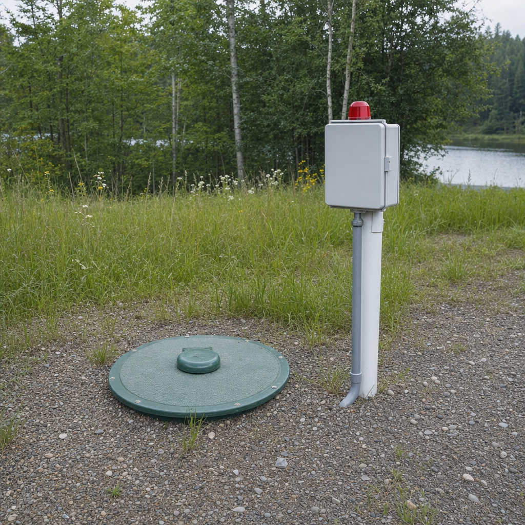 A wastewater holding tank access lid set in the ground at a rural Compton-area cabin, with a mounted high-level float alarm panel nearby