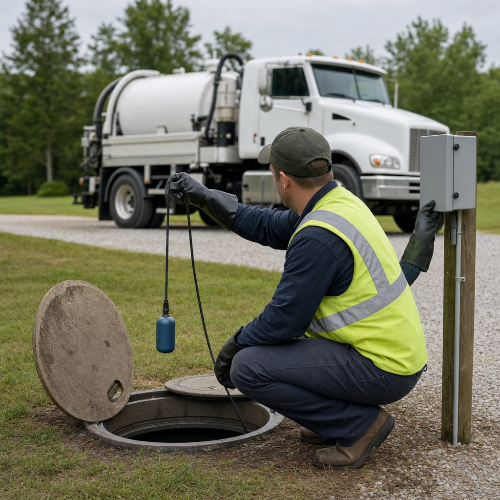 A septic technician in a high-visibility vest checking a high-level float switch and alarm panel on a holding tank at a rural Compton-area site