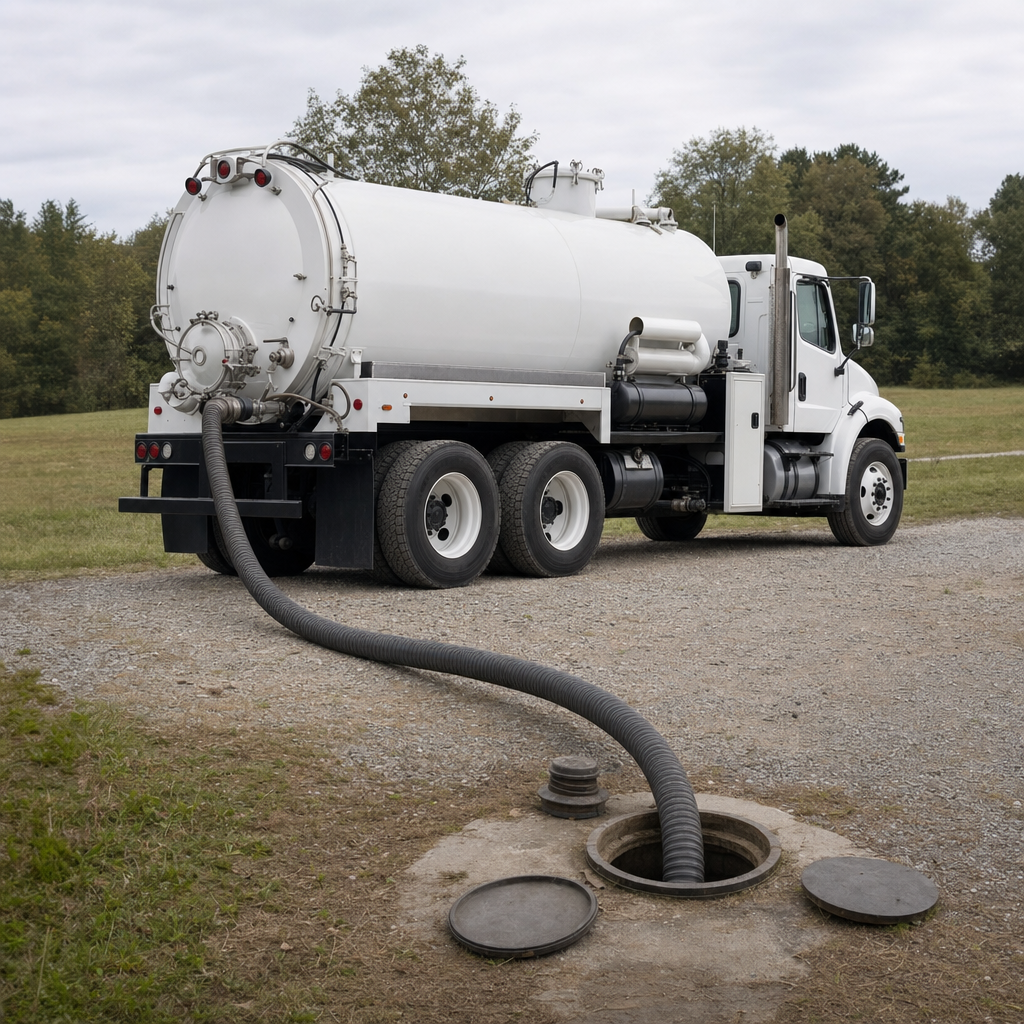An unmarked white vacuum truck emptying a wastewater holding tank on a scheduled visit at a rural Compton-area property, thick suction hose running to the tank lid