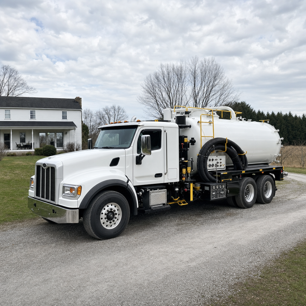 A clean white septic vacuum truck parked on a tidy Compton driveway with the suction hose neatly coiled