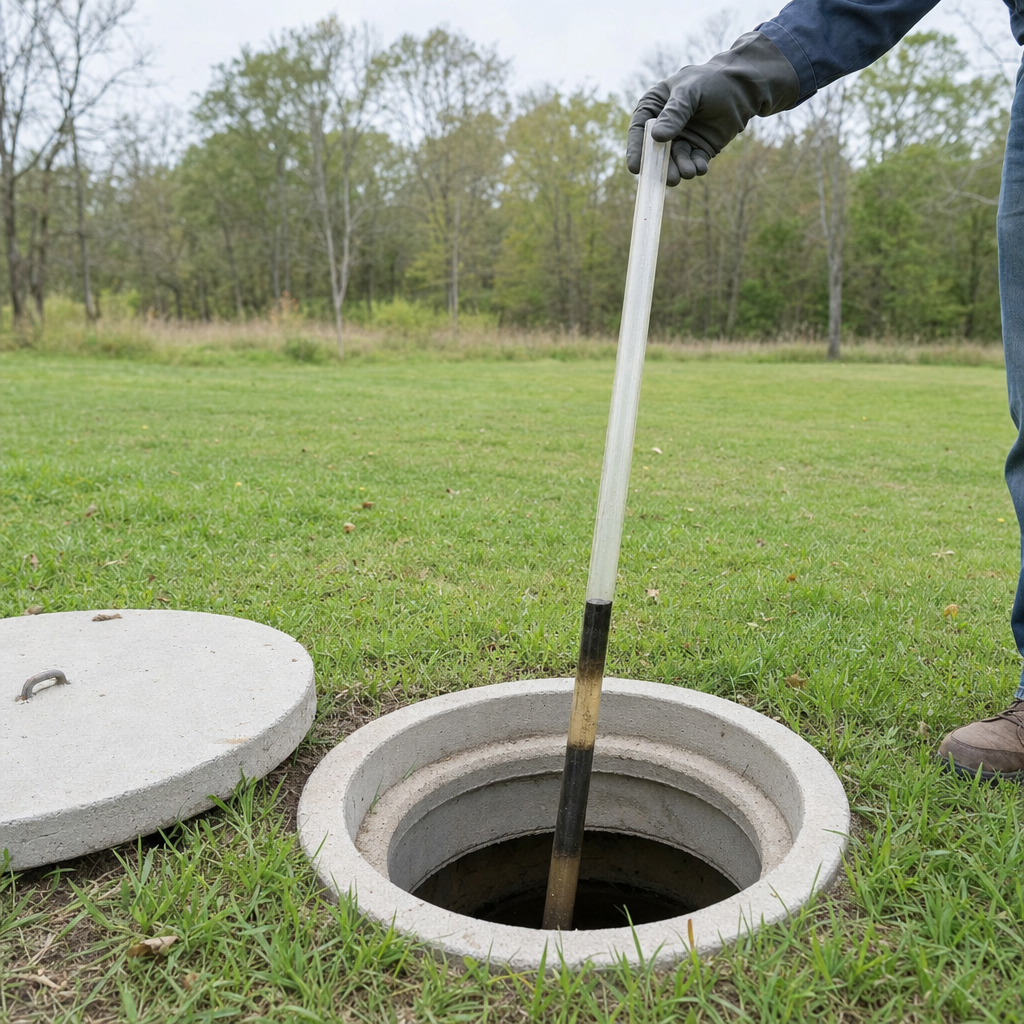 A septic sludge-judge measuring stick lowered into an open Compton septic tank to read the depth of the sludge and scum layers before deciding whether a pump-out is due
