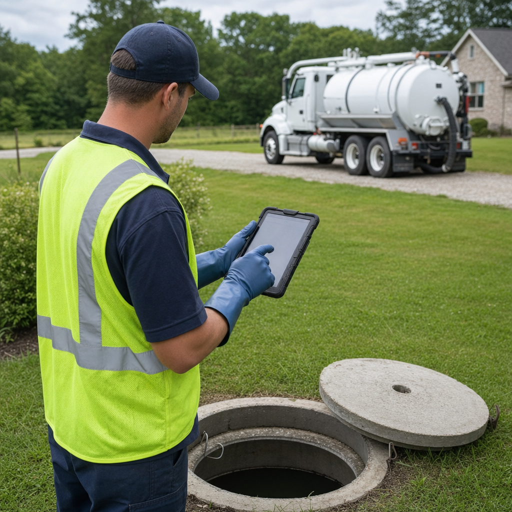 A septic technician recording a Compton home's pump-out date and tank condition on a tablet beside an open access lid, tracking the service history that sets the next due date