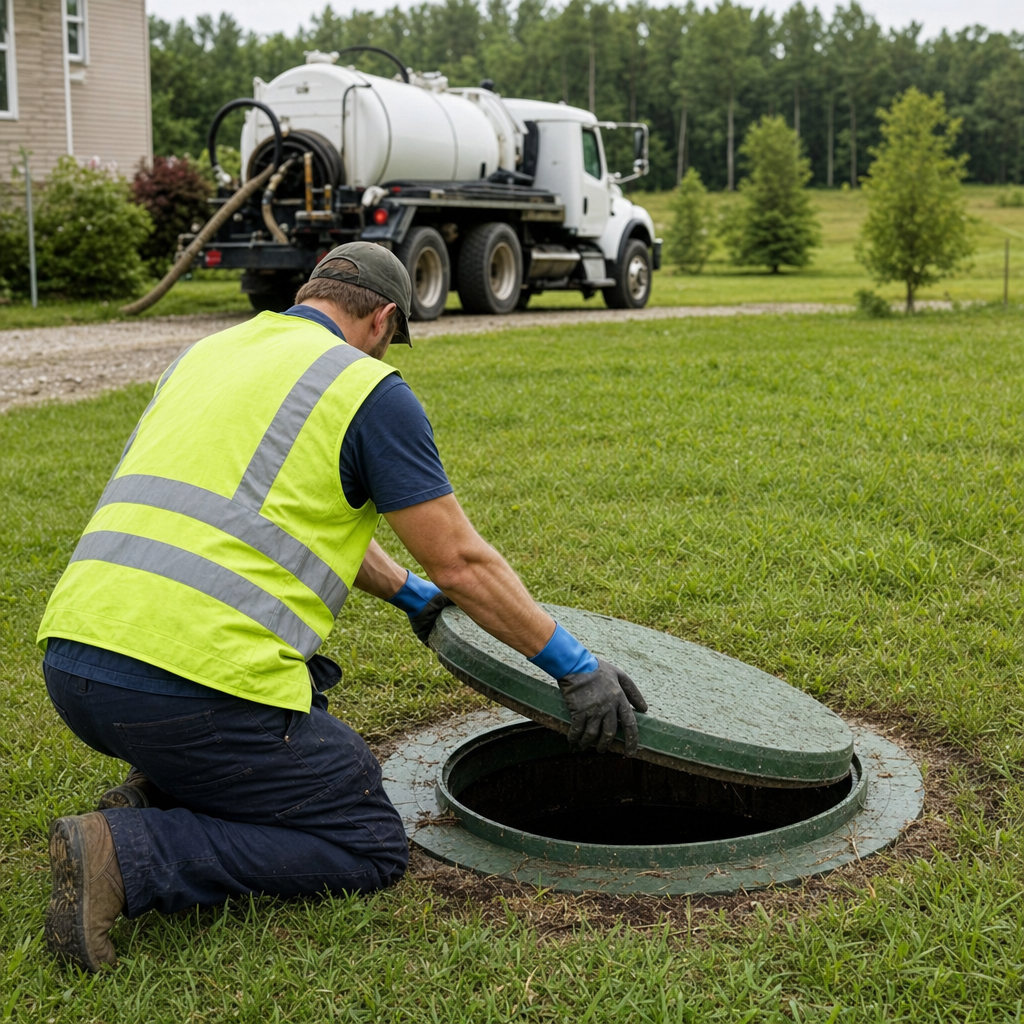 Septic technician kneeling on a Compton lawn, lifting the access lid on a residential septic tank