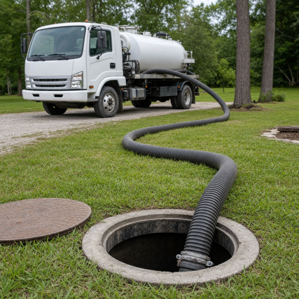 Thick ribbed suction hose lowered into a clean open septic tank port on a tidy Compton backyard lawn