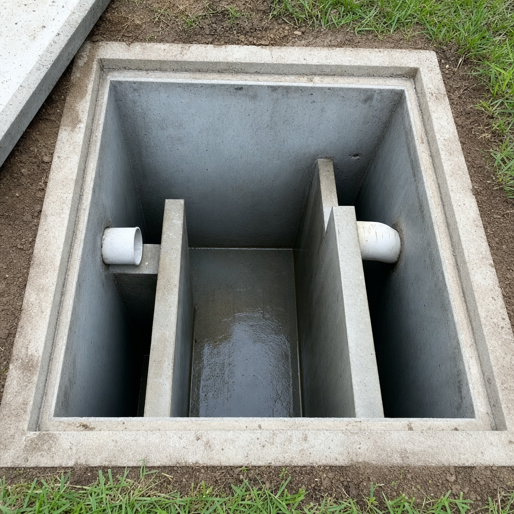 Inspection of the concrete baffles inside an open, emptied and freshly cleaned Compton septic tank
