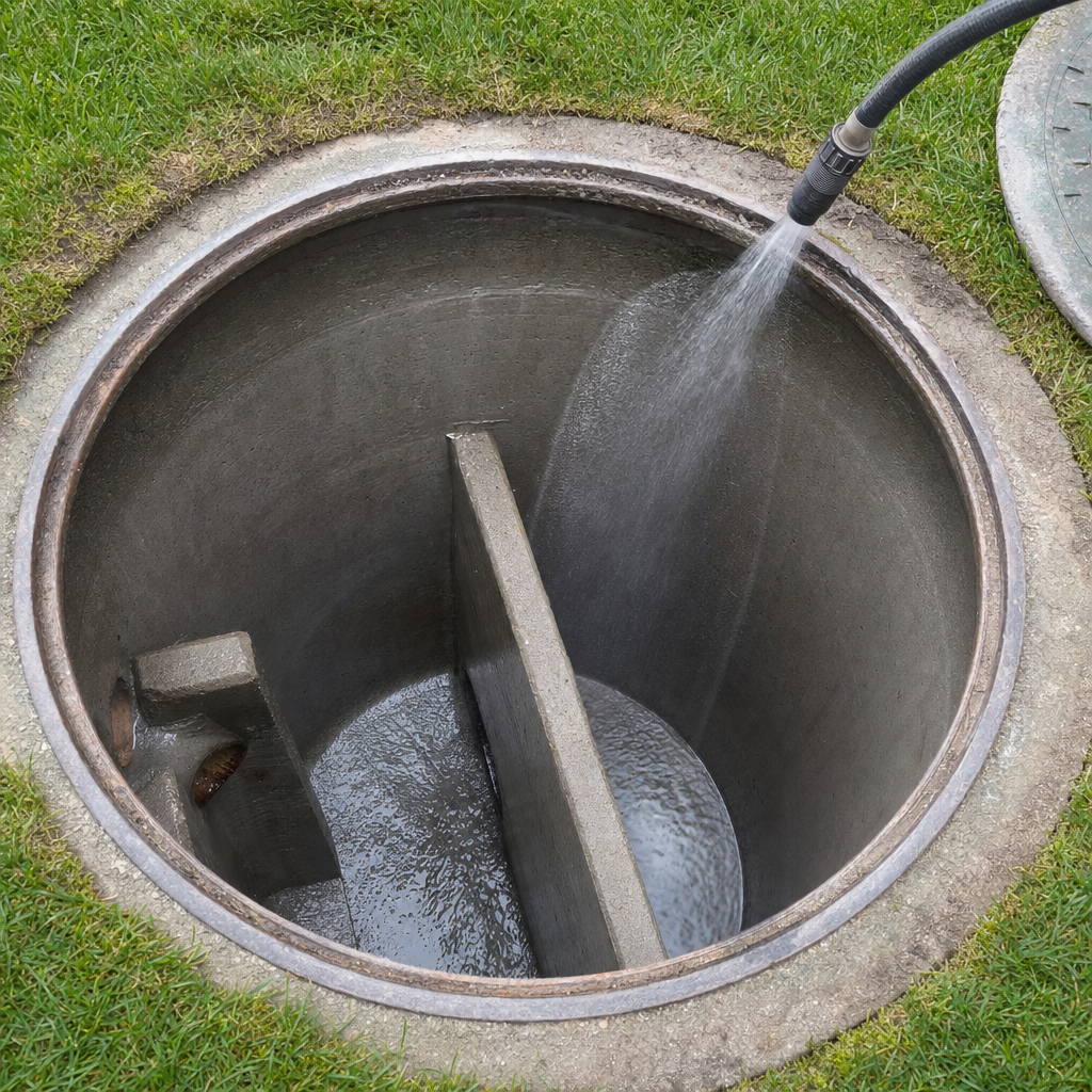 Interior concrete walls of an emptied Compton septic tank being rinsed clean with the truck's onboard water hose