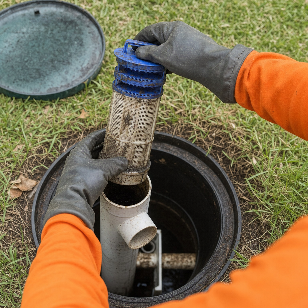 Septic technician's gloved hands lifting the effluent filter cartridge out of the outlet housing on a Compton septic tank