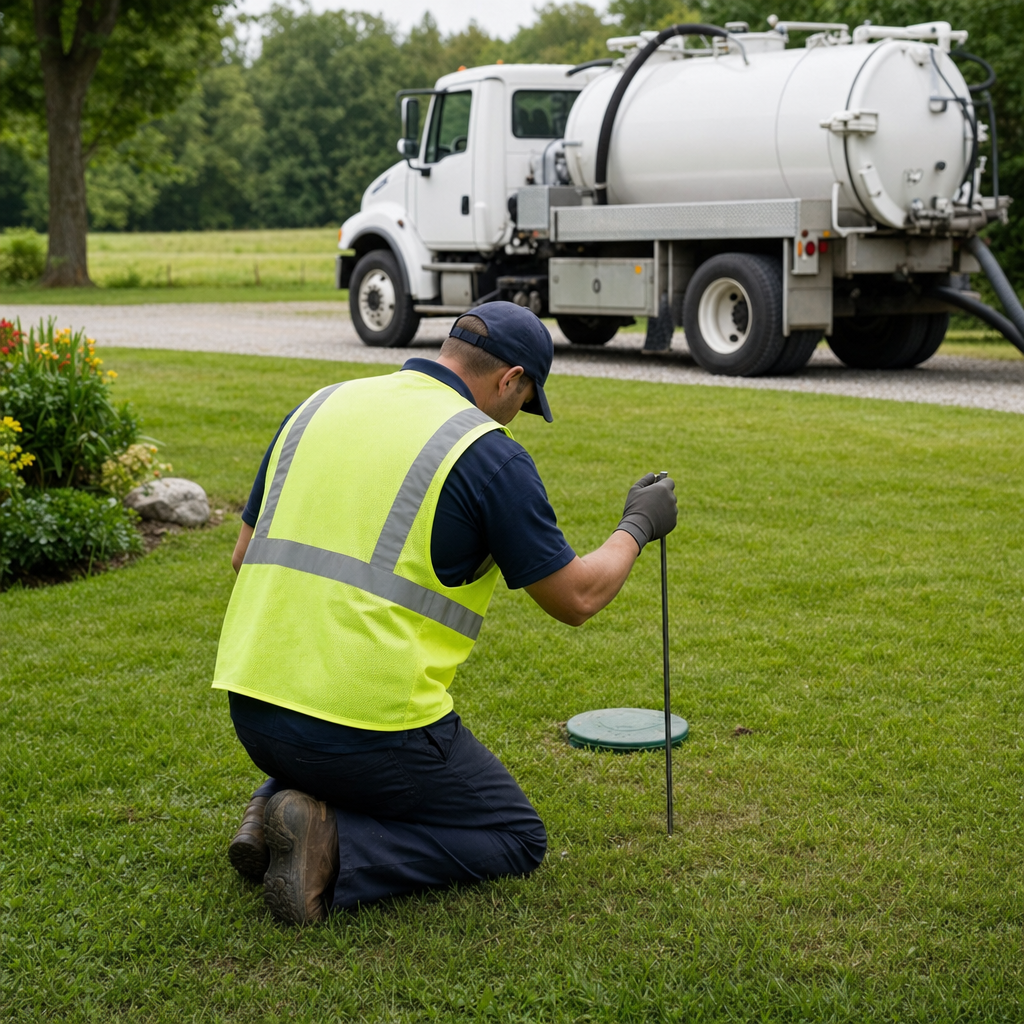 Septic technician kneeling on a Compton lawn, probing to locate and measure the depth of a buried septic tank lid before pumping