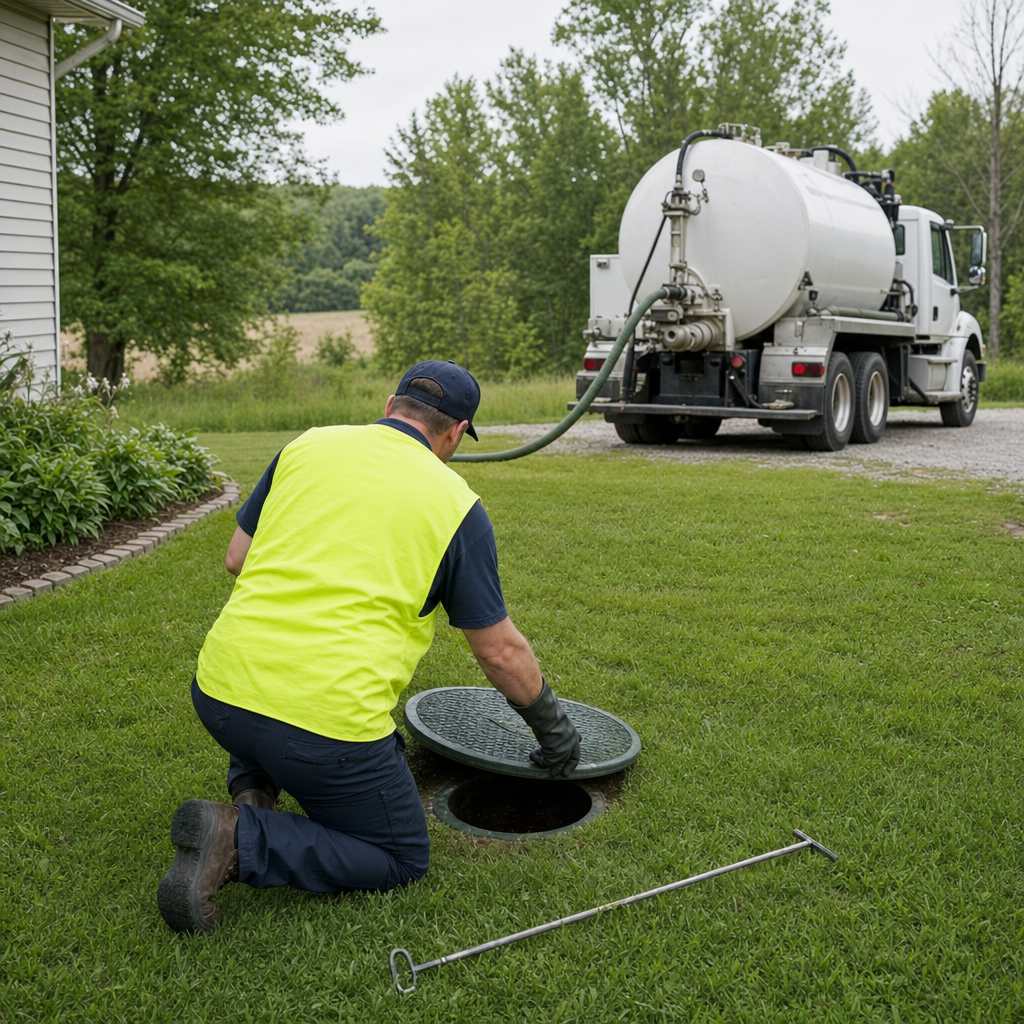 Septic technician kneeling on a Compton lawn, lifting the buried access lid on a residential septic tank