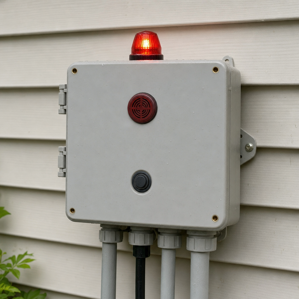 An aerobic septic system control panel mounted outside a Compton home with its red high-water alarm light lit