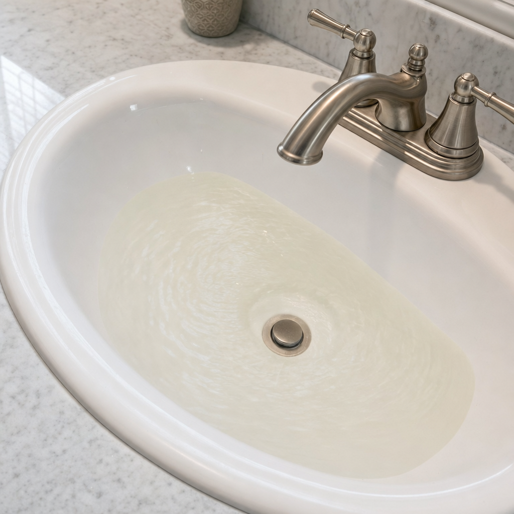 A bathroom sink draining slowly with water pooled in the basin, an early warning sign that a Compton septic tank is full